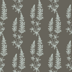 Purple lupine wildflower seamless vector pattern. Great for home decor, fabric, wallpaper, gift-wrap, stationery and packaging design projects.