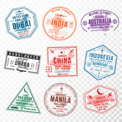 Set of travel visa stamps for passports. Abstract international and immigration office stamps. Arrival and departure visa stamps to Asian countries - China, India, Indonesia, Turkey