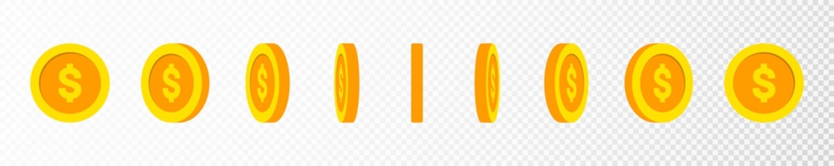 Gold coin animation effect. Rotating gold coin and dollar sign for animation. Golden coins in different shapes and angles