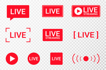 Set of live streaming icons. Red symbols and buttons of live streaming, broadcasting, online stream. Lower third template for TV, shows, movies and live performances