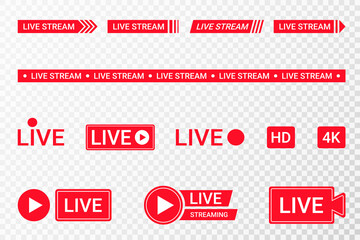 Set of live streaming icons. Red symbols and buttons of live streaming, broadcasting, online stream. Lower third template for TV, shows, movies and live performances
