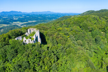 Aerial view of the ruins of Cesargrad castle, rural Croatia