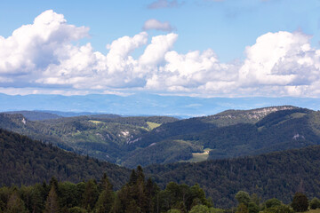 Naklejka premium Hills of Jura mountains, swiss idyll landscape, summer day. Naturpark Thal, Switzerland.