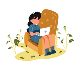 Financial consultant sitting on the couch, harvesting money. Succesful investor or entrepreneur. Financial consulting, investment and savings.