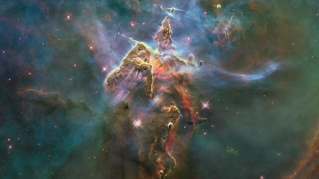 Space flight into Mystic Mountain formation in Carina Nebula