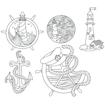 set of drawings on the marine theme, lighthouse, helm, anchor. vector illustration isolated on white background