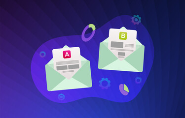 E-mail AB split testing illustration concept - two promotional mails with a different web development UI interface. Email A-B comparison with positive feedback, flat vector with violet background