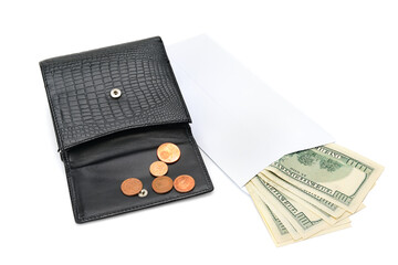 Euro cents in a wallet and american dollars in a paper bag isolated on white background.