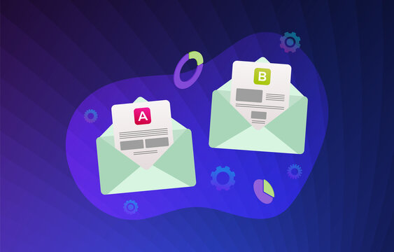 E-mail AB split testing illustration concept - two promotional mails with a different web development UI interface. Email A-B comparison with positive feedback, flat vector with violet background