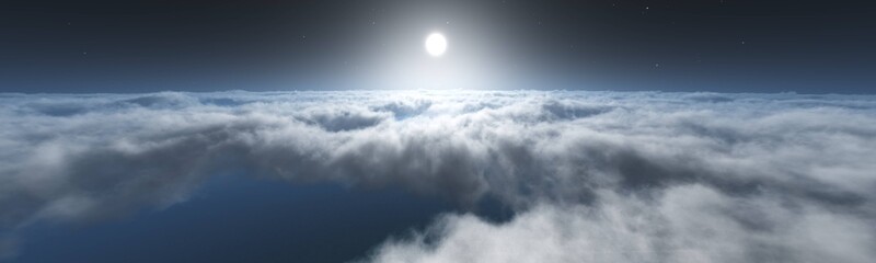 Naklejka na ściany i meble Moon above the clouds, flight at night above the clouds to the moon, 3D rendering