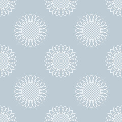 Sunflowers. Vector seamless pattern. Simple modern style. White elements on a gray background. For backdrops decoration, banners, packings, textiles, paper, fabrics, and more creatives designs.