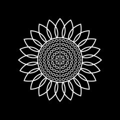 Sunflower icon. Vector illustration. White simple outlines. Isolated element on black background. Great for the design of banners, decoration, logo, label, stickers, cards, textiles, prints, etc.