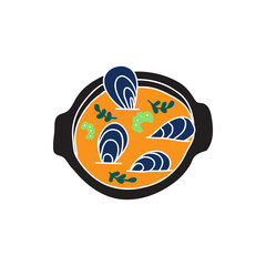 Mussels in white wine sauce, classic belgian cuisine. Sea food cartoon vector illustration.