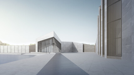 Empty concrete floor and gray wall. 3d rendering of modern building with clear sky background.