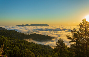 Sunrise views from the Montcabrer mountain in a day with clouds, Cocentaina.