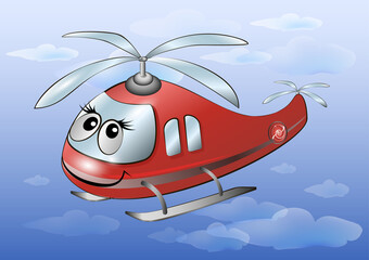 Red cartoon helicopter with muzzle in the sky. Vector illustration.