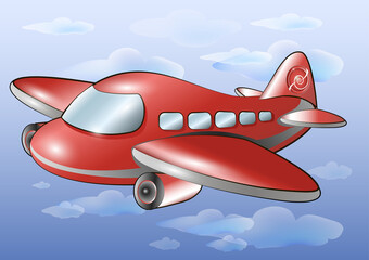 Red cartoon airplane in sky. Vector illustration.