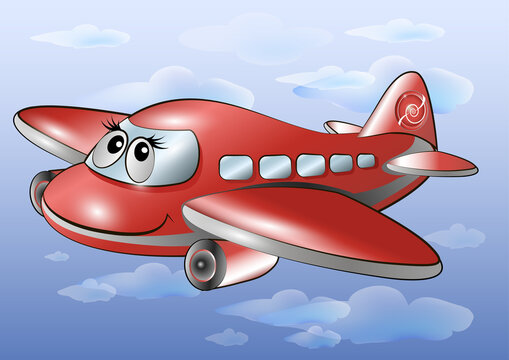 Red cartoon airplane with muzzle in the sky. Vector illustration.