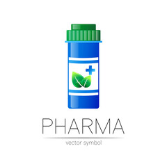 Pharmacy vector symbol with blue pill bottle and green leaf, cross for pharmacist, pharma store, doctor and medicine. Modern design vector logo on white background. Pharmaceutical icon logotype .