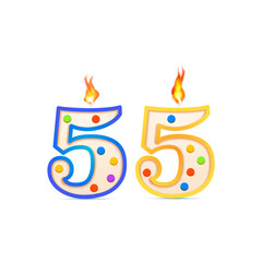 Fifty five years anniversary, 55 number shaped birthday candle with fire on white