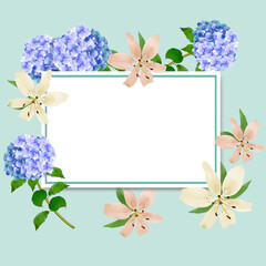 Delicate hydrangeas and lily with a frame and place for your text on a green background. Wedding invitation,greeting card, anniversary, flyer.