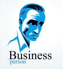 Confident successful businessman handsome man business person vector logo or illustration realistic drawing style.