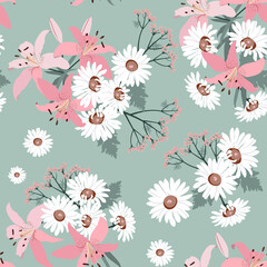 Lily and chamomile. Seamless vector illustration style flat on a green background.