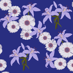 Lily and daisy Seamless vector illustration style flat on a blue background.