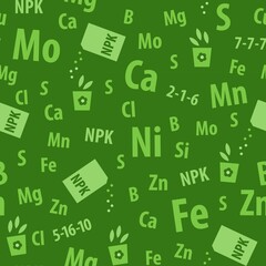 Fertilizer seamless pattern with green chemical elements symbols, seed starters and plant nutrient bags with spreading particles over the nurcery pot process.