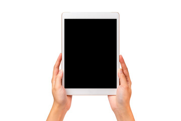Technology business concoept: Two hands hold a mockup white tablet on white background with clipping path.