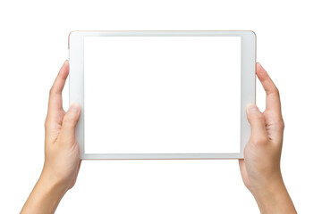 Technology business concoept: A busuness Woman hold a mockup white tablet on white background with...