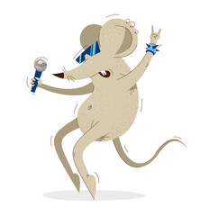 Funny cartoon mouse singing with microphone like a rock or pop star vector illustration, music karaoke hobby theme, humorous rat cartoon.