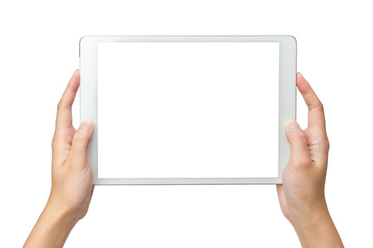 Technology Business Concoept: A Busuness Woman Hold A Mockup White Tablet On White Background With Clipping Path Of Screen.