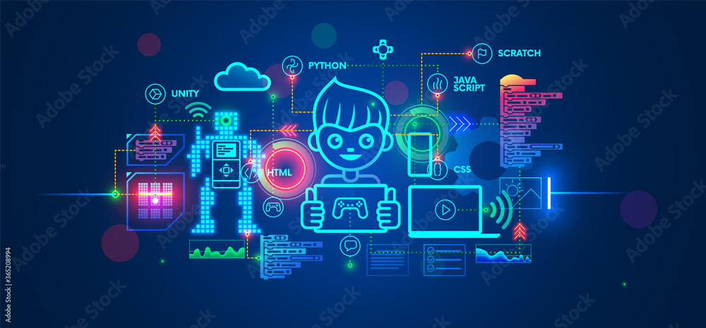 Aufkleber Kids learning to coding, programming in online IT school. Engineering courses in internet for talented children. Boy studying game development, robotics technology, creations program code on computer