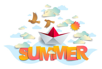 Obraz premium Summer papercut word with origami folded toy ship birds sun and clouds vector modern style cartoon paper cut 3d illustration. Summertime vacations and holidays theme.
