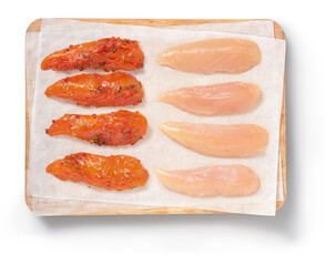 Raw chicken in a studio setting, on a cutting board