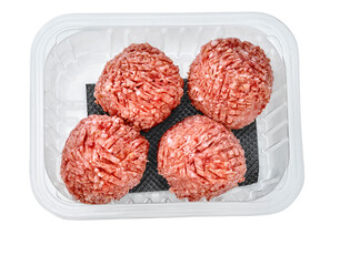 Raw hamburgers in a studio setting, isolated on white