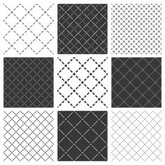 Minimal simple geometric seamless patterns set, vector abstract backgrounds with lines and dashes, wallpapers for web design and print. Black and white swatches.