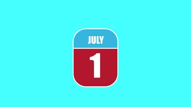 july 1st. Day 1 of month, 2D calendar animation. A calendar sheet is assembled from its component parts. summer month, day of the year concept