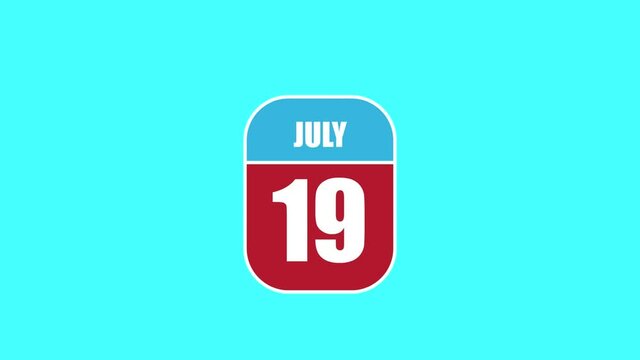 july 19th. Day 19 of month, 2D calendar animation. A calendar sheet is assembled from its component parts. summer month, day of the year concept