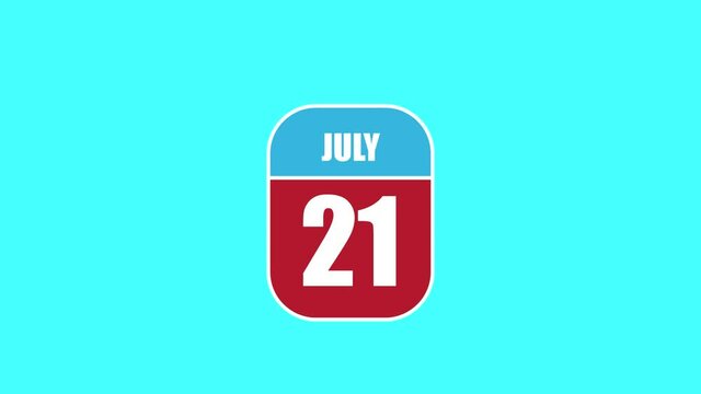 july 21st. Day 20 of month, 2D calendar animation. A calendar sheet is assembled from its component parts. summer month, day of the year concept