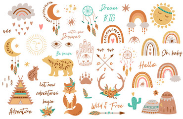 Tribal kids set elements. Boho teepee, rainbow, arrow, moon, sun, boho animals, dream catcher deer horns baby collection