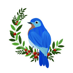 vector blue bird on branch with berries and leaves frame isolated on white background 