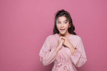 portrait girl on pink background, asian woman
