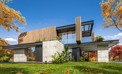 3d rendering of modern cozy house with parking and pool for sale or rent with wood plank facade and beautiful landscaping on background. Clear sunny autumn day with golden leaves anywhere.