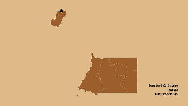Centro Sur, province of Equatorial Guinea, with its capital, localized, outlined and zoomed with informative overlays on a solid patterned map in the Stereographic projection. Animation 3D