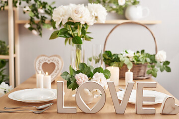 Wedding invitation card. Romantic candlelight dinner. Wedding table decor. Valentine's Day 14th of February. Background with flowers roses and peonies. Festive table setting. Wedding decor