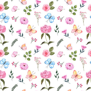 Bright and colorful summer floral seamless pattern. Hand painted cute pink wild flowers, leaves, greenery, butterflies on white background. Botanical print for textile, wallpaper, design