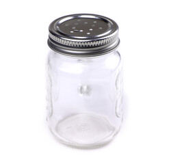 Empty glass spice jar isolated on a white background. Cooking utensil. Kitchen ware. Kitchen utensils. A jar for spice