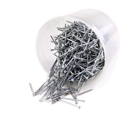 A bunch of metal nails isolated on a white background. Pile of nails. Scattered nails